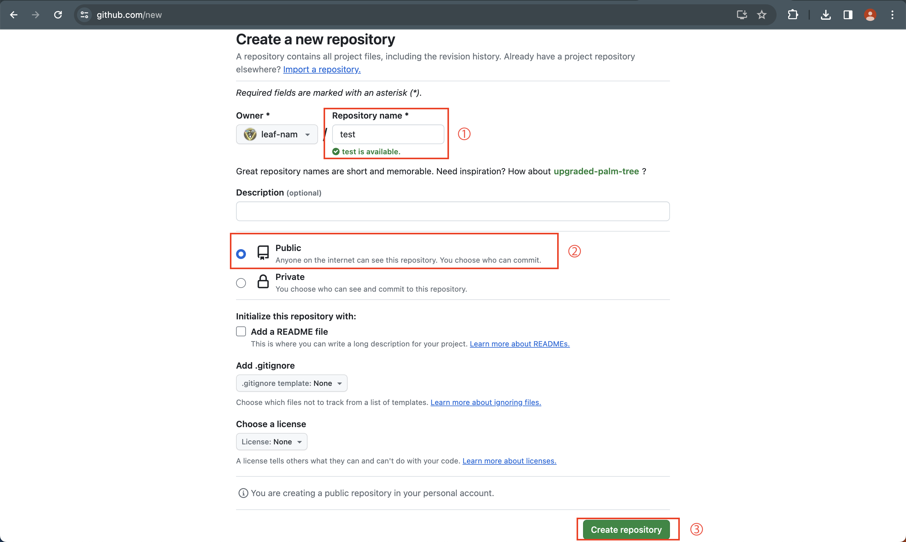 2.레포지토리 이름을 작성하고 public을 선택한 후, Create repository 버튼을 클릭합니다.